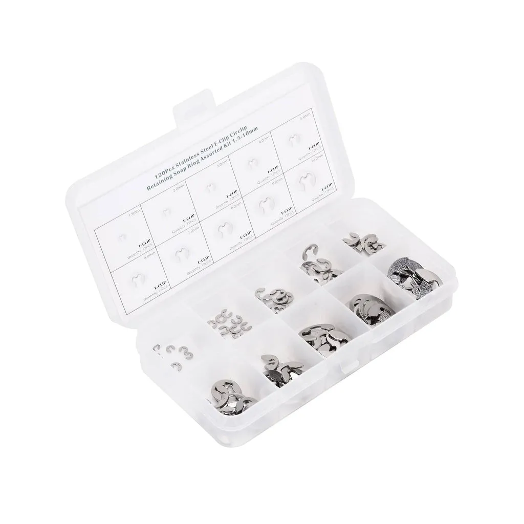 120 Pcs Stainless Steel E Clip Washer Assortment Kit Circlip Retaining Ring For Shaft Fastener