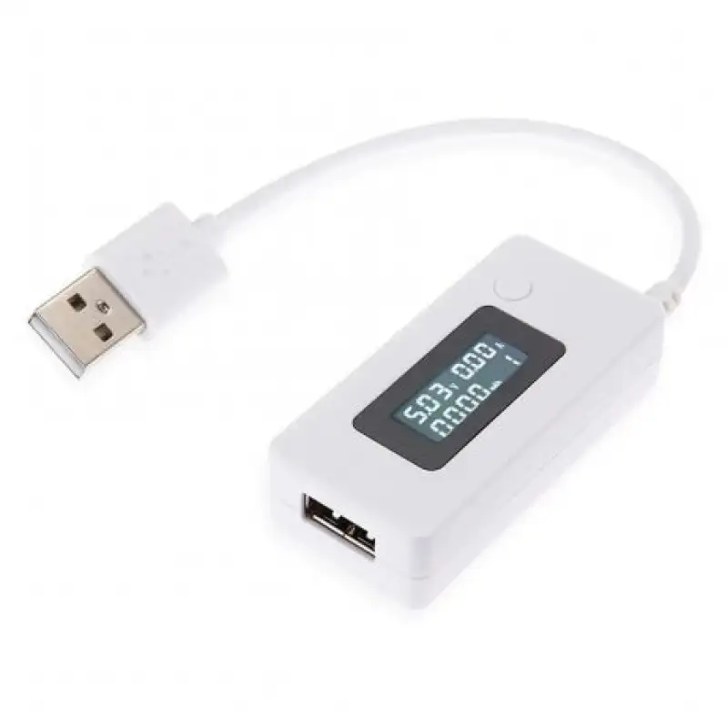 White USB Tester, Current Detector and Voltmeter with LCD Screen Monitors Mobile Power Capacity